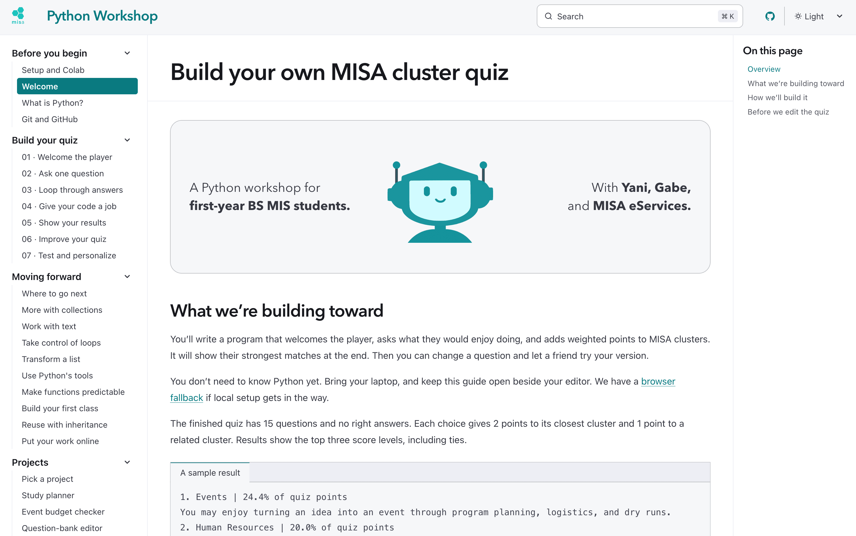 The Python Workshop guide, with step-by-step lessons for building a MISA cluster quiz
