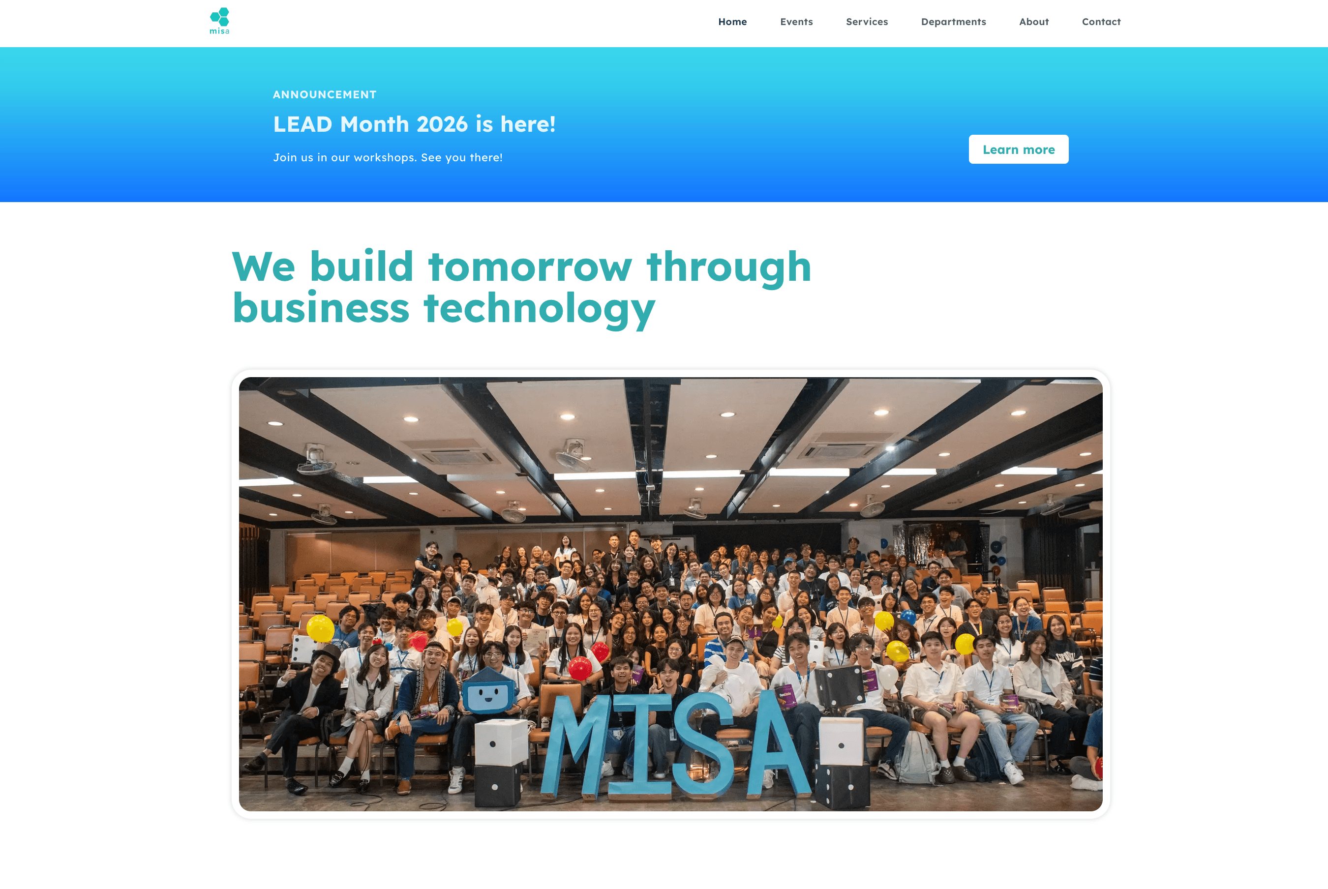 Ateneo MISA's homepage, with an announcement, organization introduction, and group photo