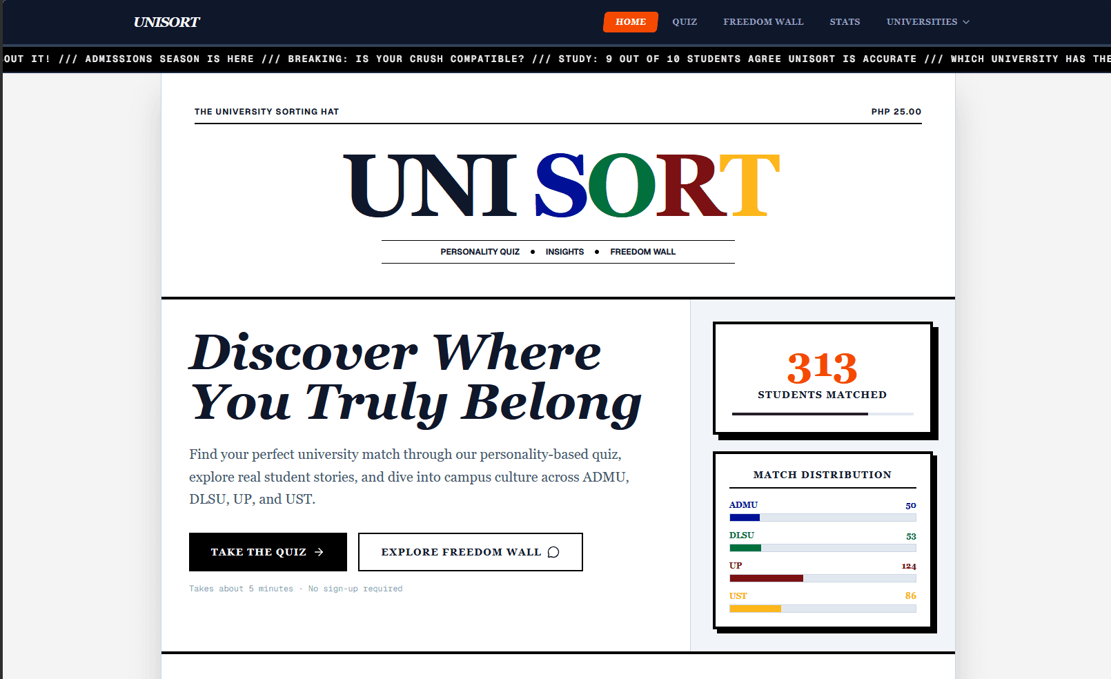 UniSort's university quiz, with match results for Ateneo, La Salle, UP, and UST